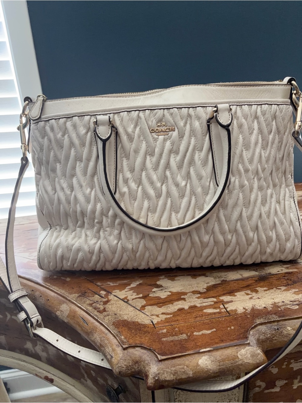COACH Ivory Quilted Leather Shoulder Satchel